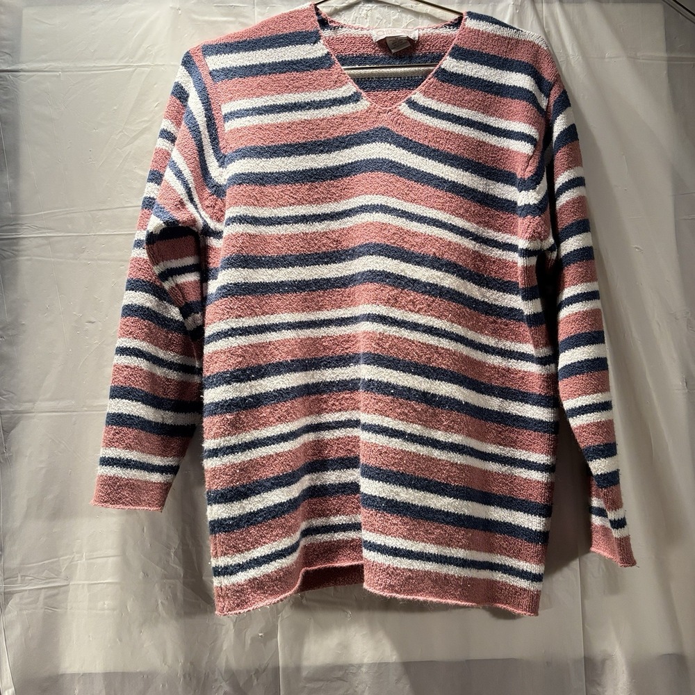 Cherokee Sweater Womens Medium Pink  White Grey Striped V Neck Long Sleeve